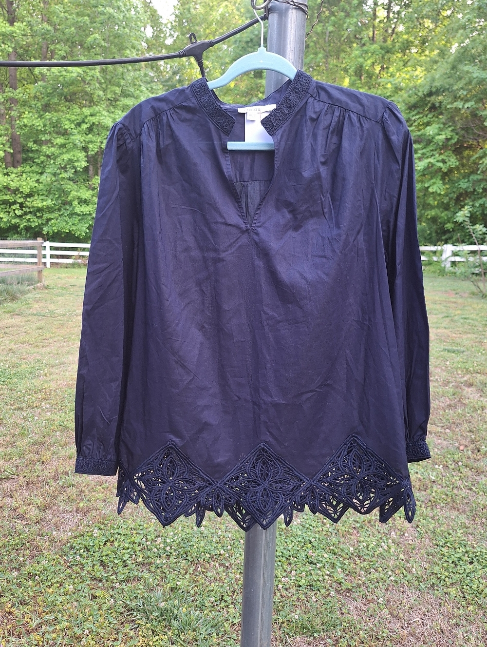 Chico's Dark Navy Long-Sleeve Blouse with Crochet Hem